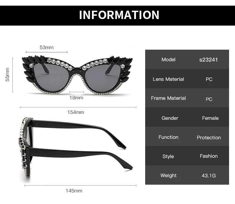 “Diamond Eyes 23241” – Chaos-Cat UV400 Big Gem Sunglasses for Max Drama & Minimal Subtlety | Gradient Polycarbonate Cat Eye Spectacles
