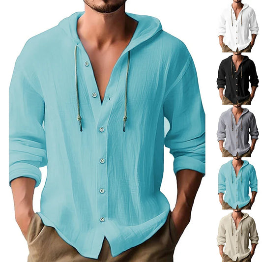 Men’s Summer Linen Streetwear Hoodie – Solid Color Long Sleeve Button-Up Cardigan Shirt, Casual Lightweight Hooded Top