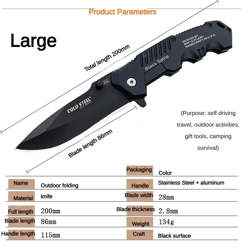 AUSUM 200mm Tactical EDC Pocket Knife – No-Lock Survival-Grade Outdoor Utility Blade for Construction, Hiking, Hunting, and Emergency Use