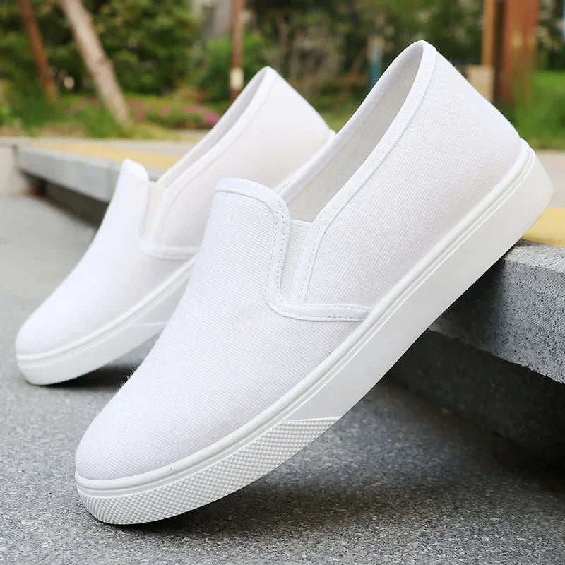 Stage-Dive Slippers – Women’s Breathable White Slip-On Canvas Shoes | Lizard Vigilante Work-To-Gig Flat Cloth Kicks