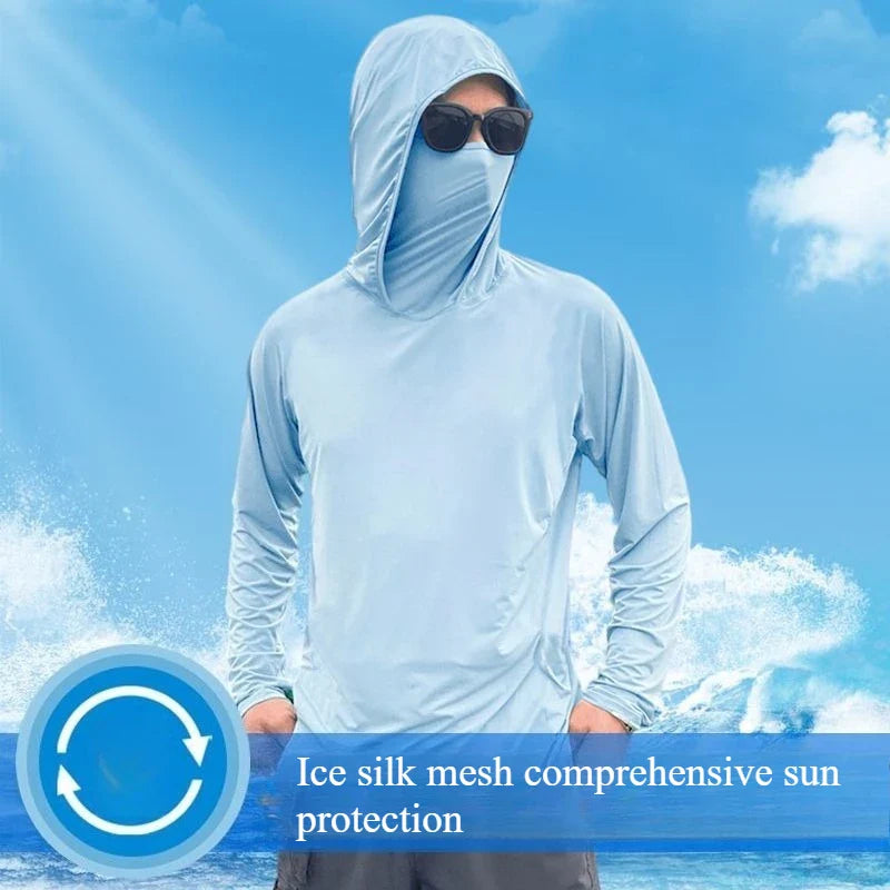 Inferno Chill Men’s Ice Silk Hooded Long Sleeve – Ultra-Thin Outdoor Sunscreen Pullover