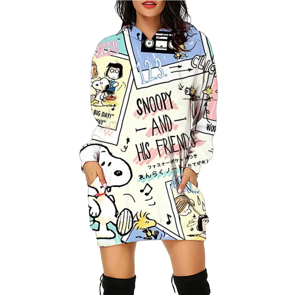 Snoopy Women’s Hoodie Dress – Y2K Streetwear 3D Cartoon Pullover Winter Fashion