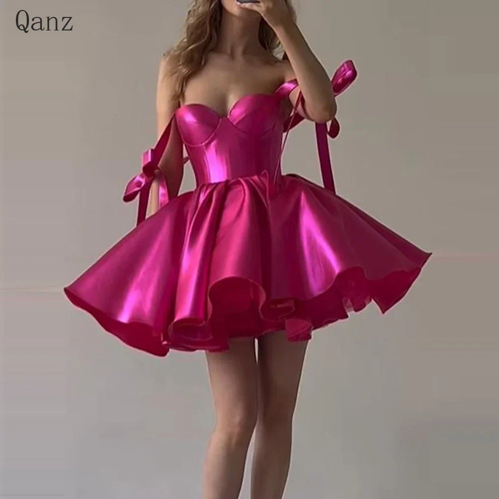 Qanz Short Evening Prom Dress – Sweetheart Neckline, Detachable Straps, Bow Detail, Satin Mini Club Party Gown