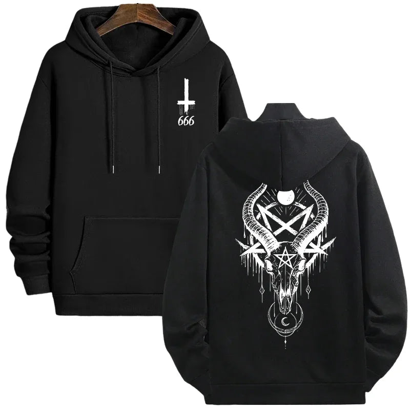 Gothic Demonic Face Hoodie – 666 Inverted Cross Streetwear Pullover For Men Autumn Winter