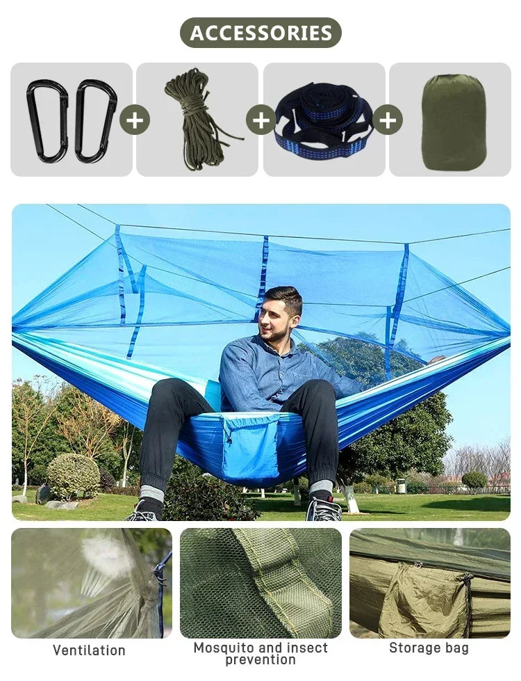 AdventureNest 2-Person Camping Hammock Set – 260x140cm Parachute Hammock with Mosquito Net & Rain Fly Tarp – Ultralight Outdoor Hammock for Travel, Hiking, Backpacking
