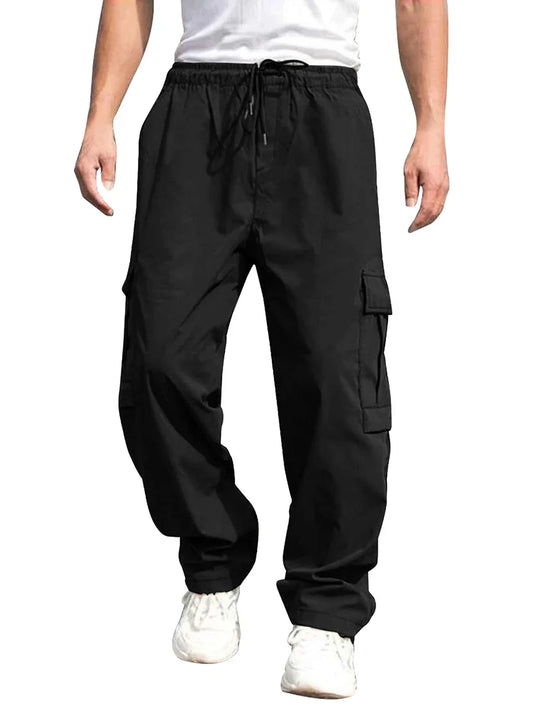 Men’s Loose Cargo Pants – Solid Color Drawstring Waist, Straight Leg Casual Work Trousers with Pockets