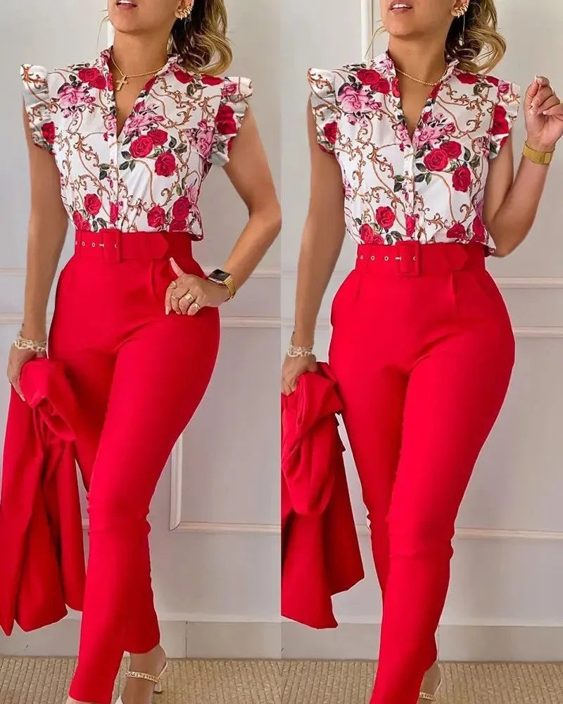 Women's Elegant Floral Slim Two-Piece Set - V-Neck Flying Sleeve Top & High-Waist Pencil Pants with Sash Belt