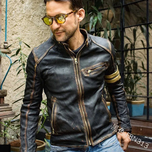 “FULL THROTTLE FANG” Cafe Racer Jacket — Men’s Slim Vintage PU Leather Motorcycle Coat for Biker Legends, Aviator Rebels & Cold-Blooded Riders