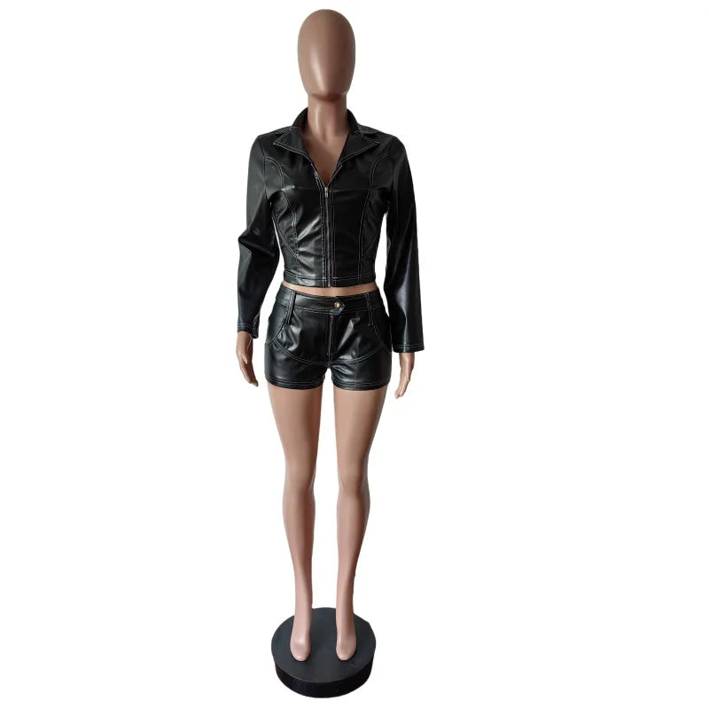 "BULLETPROOF KISSES" Y2K Punk Leather 2-Piece Set – Street-Kill Crop Jacket + Fight-Ready Shorts for Women Who Don't Flinch