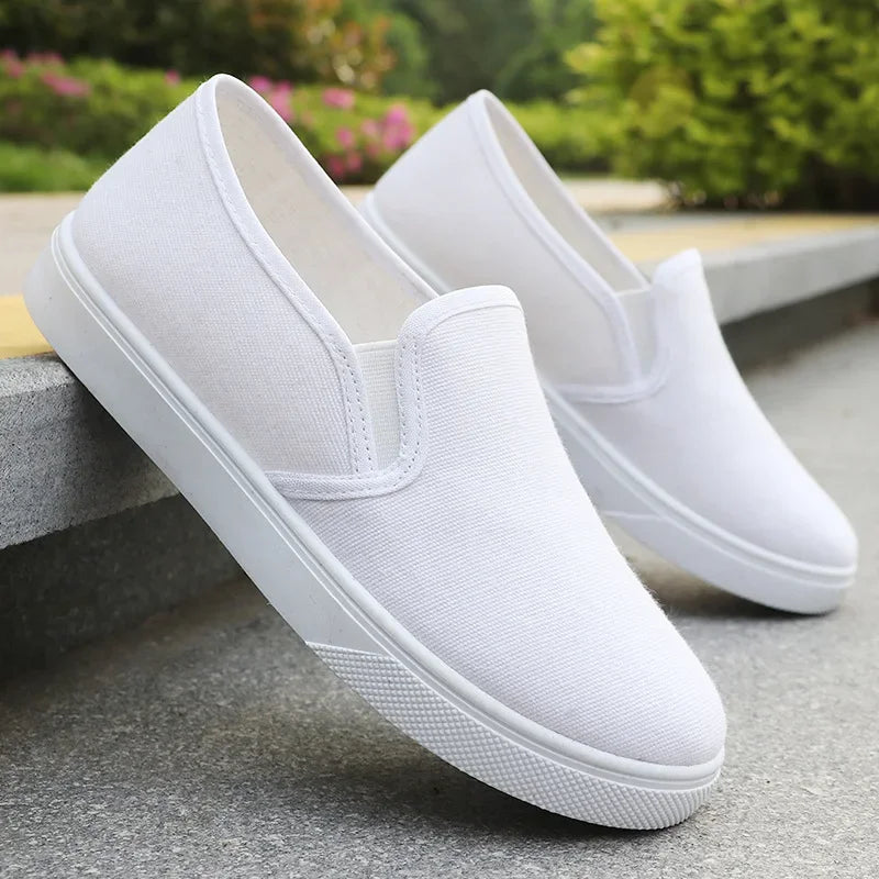 Stage-Dive Slippers – Women’s Breathable White Slip-On Canvas Shoes | Lizard Vigilante Work-To-Gig Flat Cloth Kicks