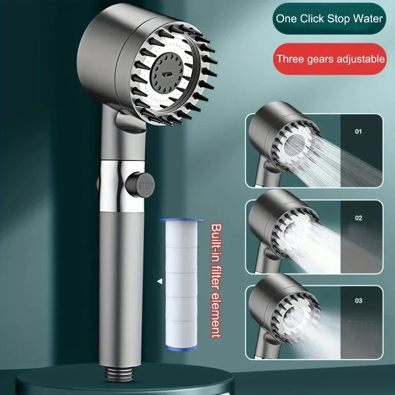 AquaForce 4‑Mode High‑Pressure Handheld Showerhead with One‑Click Stop & Built‑In Filter