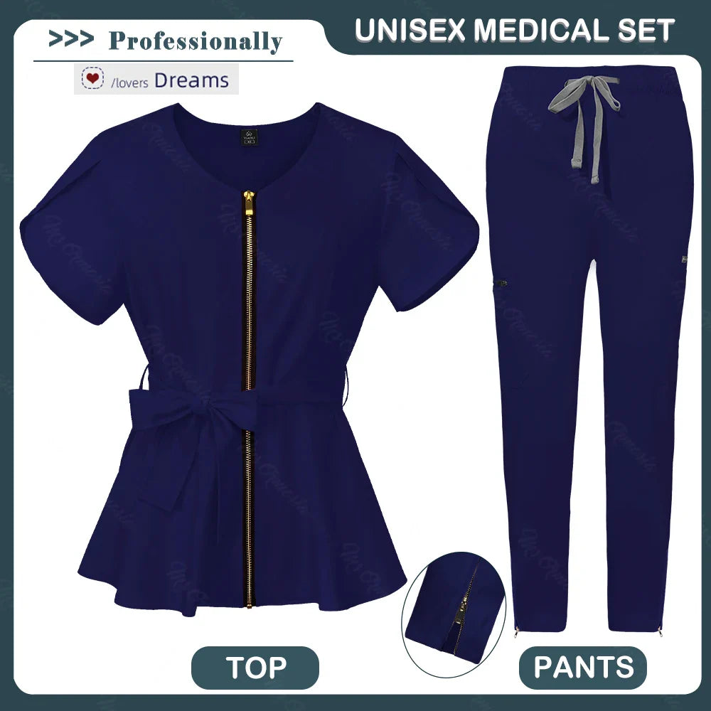 Unisex Medical Scrub Set | Fashionable & Breathable Beauty Salon & Nurse Uniform | Zipper Lapel Design