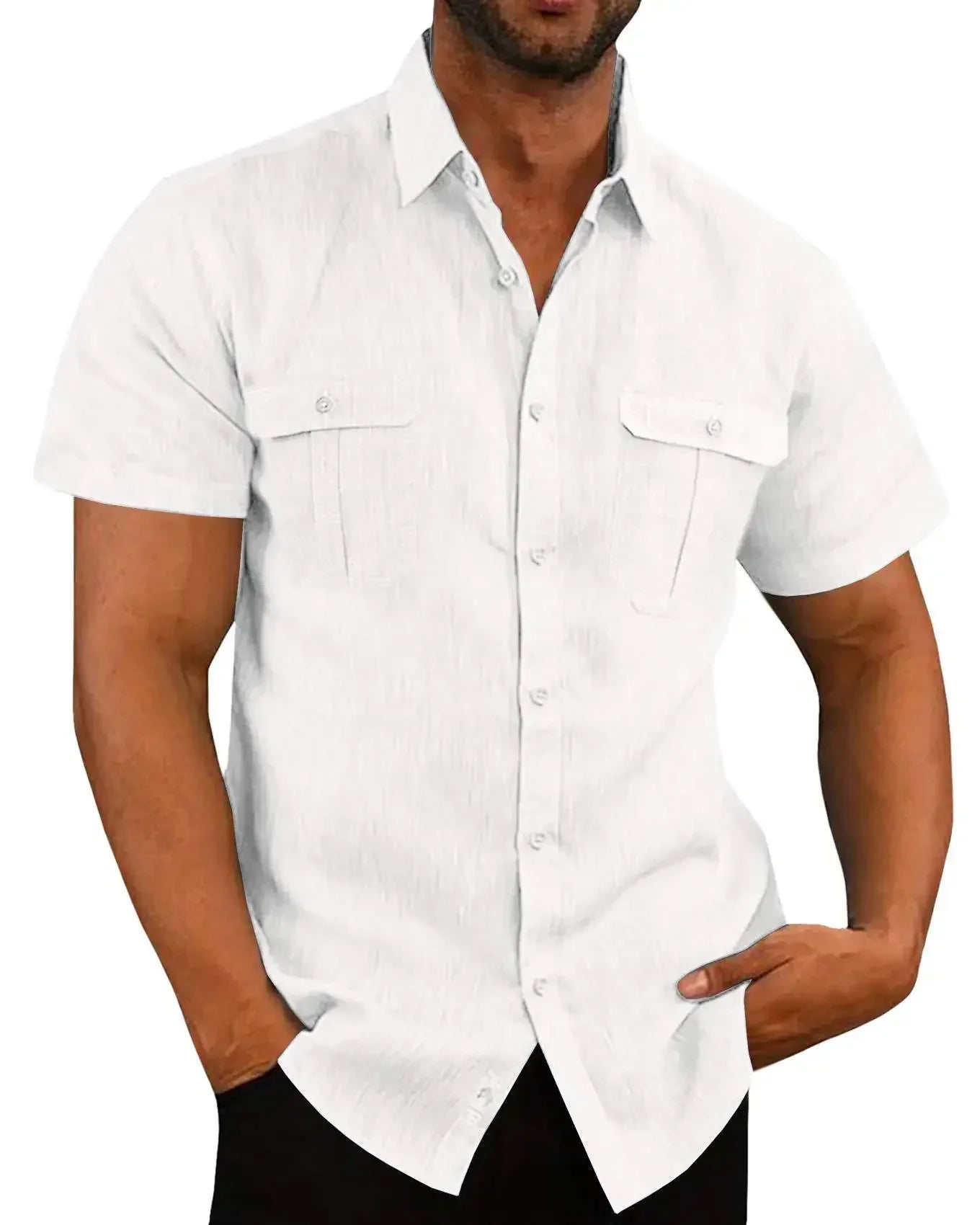 Rogue Wave Cotton Linen Short Sleeve Men’s Shirt – Summer Solid Color Casual Beach Style (M–5XL)