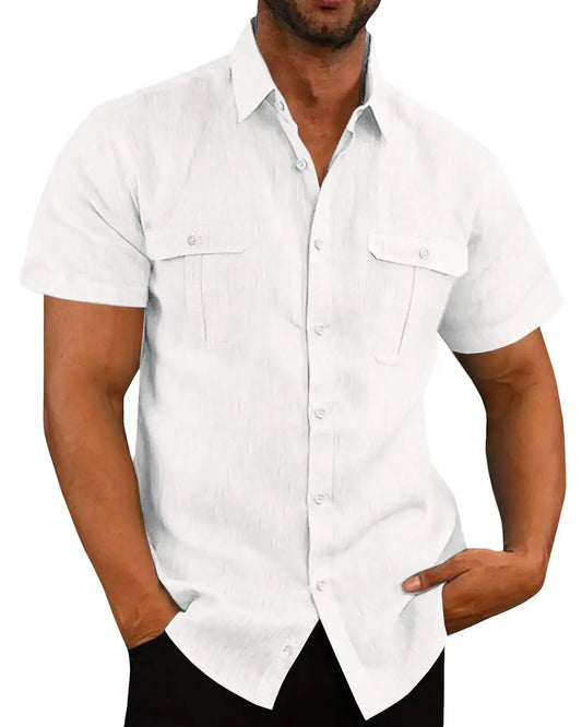 Rogue Wave Cotton Linen Short Sleeve Men’s Shirt – Summer Solid Color Casual Beach Style (M–5XL)