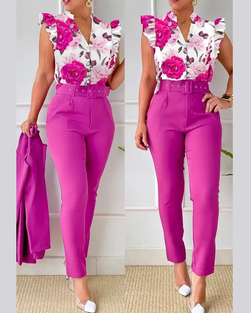 Women's Elegant Floral Slim Two-Piece Set - V-Neck Flying Sleeve Top & High-Waist Pencil Pants with Sash Belt