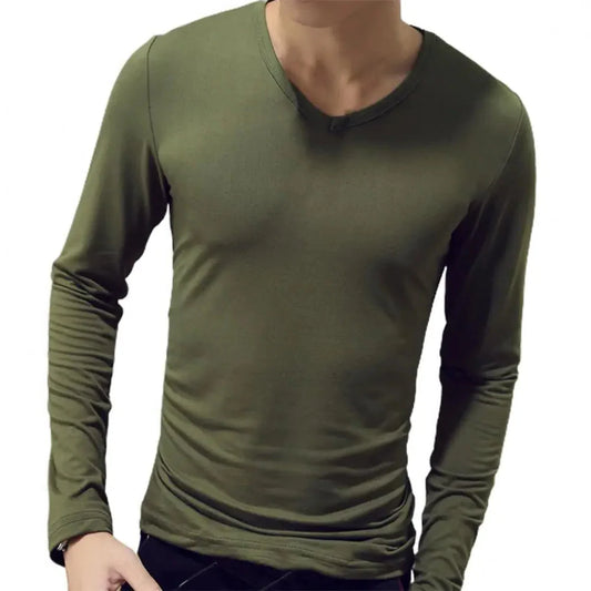 Men's Sports Gym Long Sleeve Slim Fit V-Neck T-Shirt – Solid Color Casual Fitness Base Shirt for Autumn & Winter