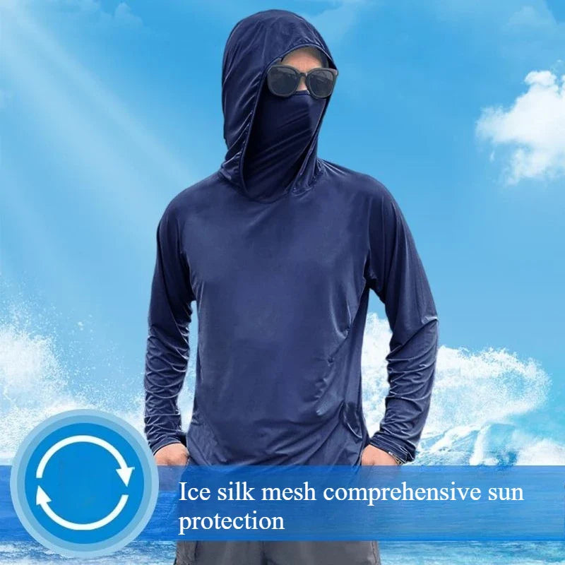 Inferno Chill Men’s Ice Silk Hooded Long Sleeve – Ultra-Thin Outdoor Sunscreen Pullover