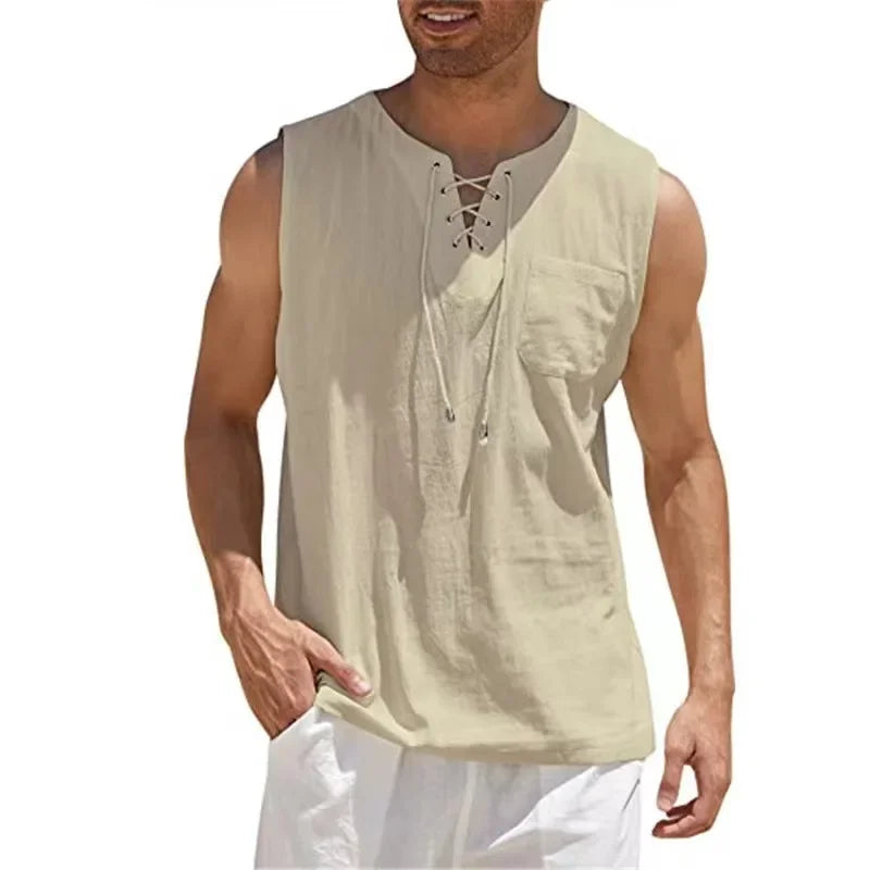 Rogue Linen Lace Up V-Neck Vest Tank For Men