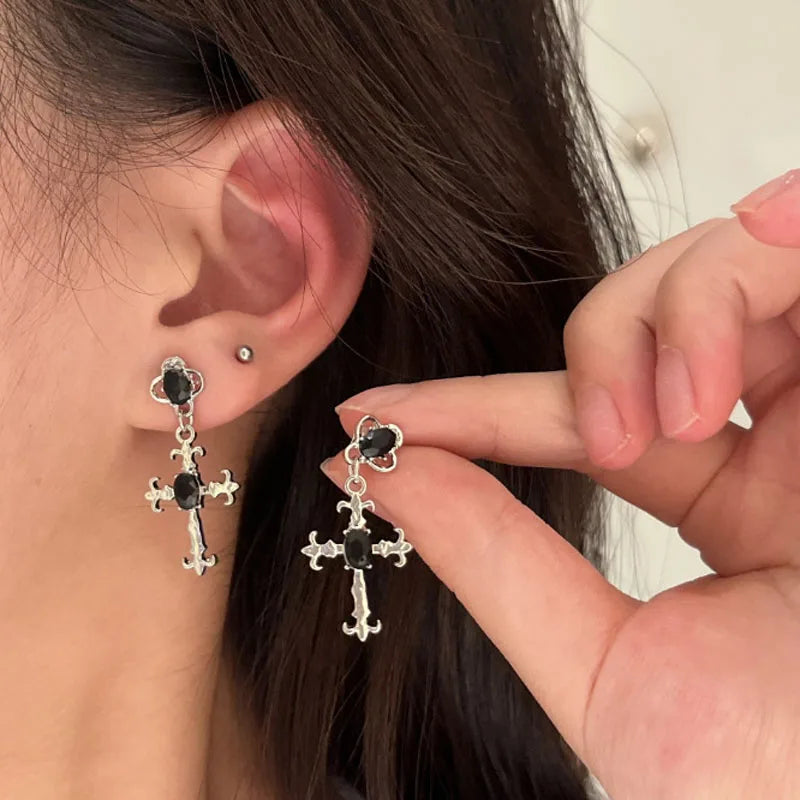Gothic Cross Black Drill Drop Earrings – Punk Halloween Jewelry for Women