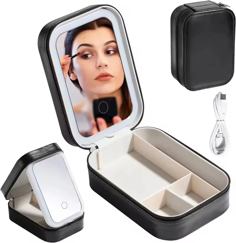 THOOBO! GlowVault Rechargeable LED Makeup Mirror Travel Case – 3-Color Light, Smart Cosmetic Storage Box, Ultra-Portable Beauty Companion