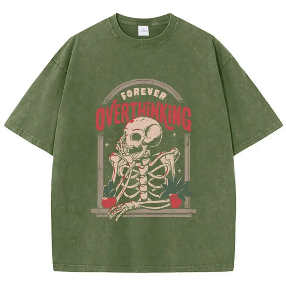 "Deadlines from the Balcony" Oversized Washed Skeleton Graphic Tee – Streetwear Soft Cotton Distressed Metalhead T-Shirt for Women