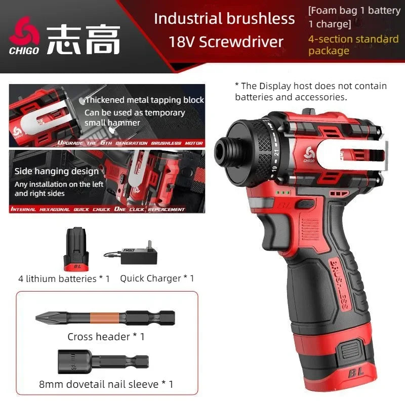 CHIGO 18V “DRILL 'TIL IT HURTS” Brushless Knockable Cordless Driver – 80N·m Torque, Rock-Solid Power Tool for DIY Kings