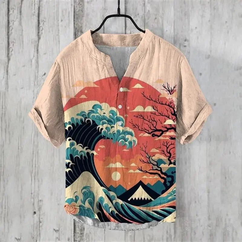 Japanese Water Monster Linen Shirt – Men's Summer Giant Kaiju Print Hawaiian-Style Short Sleeve