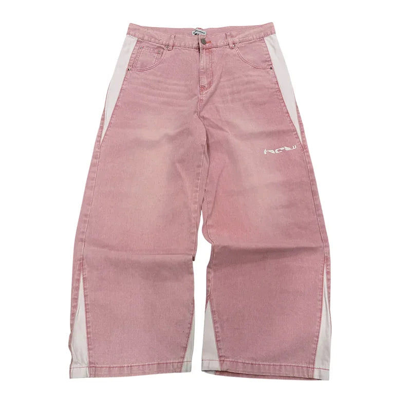 Chaos Stitch Y2K Spliced Wide-Leg Jeans – Street-Grade Embroidery for Rebels & Runaways