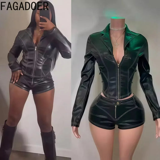 "BULLETPROOF KISSES" Y2K Punk Leather 2-Piece Set – Street-Kill Crop Jacket + Fight-Ready Shorts for Women Who Don't Flinch