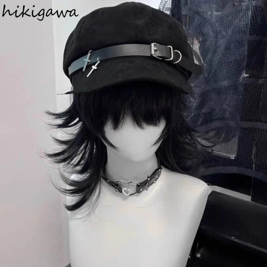 "Sinister Halo" Harajuku Punk Beret – Metal Accent Gothic Cap for Women & Men, Streetwear Biker Lolita Y2K Vibe