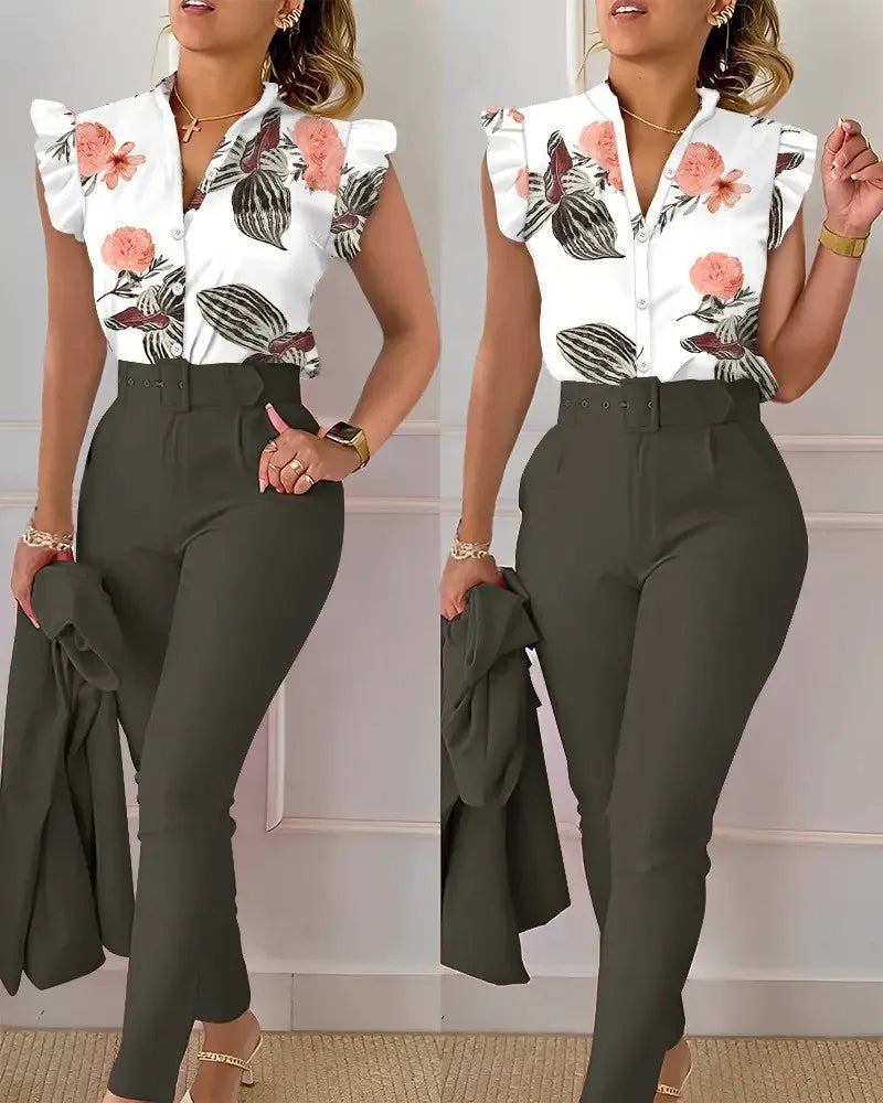 Women's Elegant Floral Slim Two-Piece Set - V-Neck Flying Sleeve Top & High-Waist Pencil Pants with Sash Belt