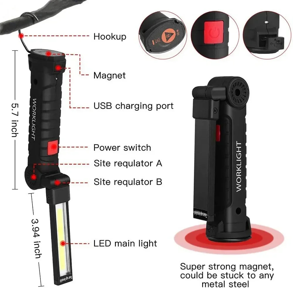 “Grip & Glow Pro” Magnetic COB LED Work Light – Pocket Torch Meets Power Bank