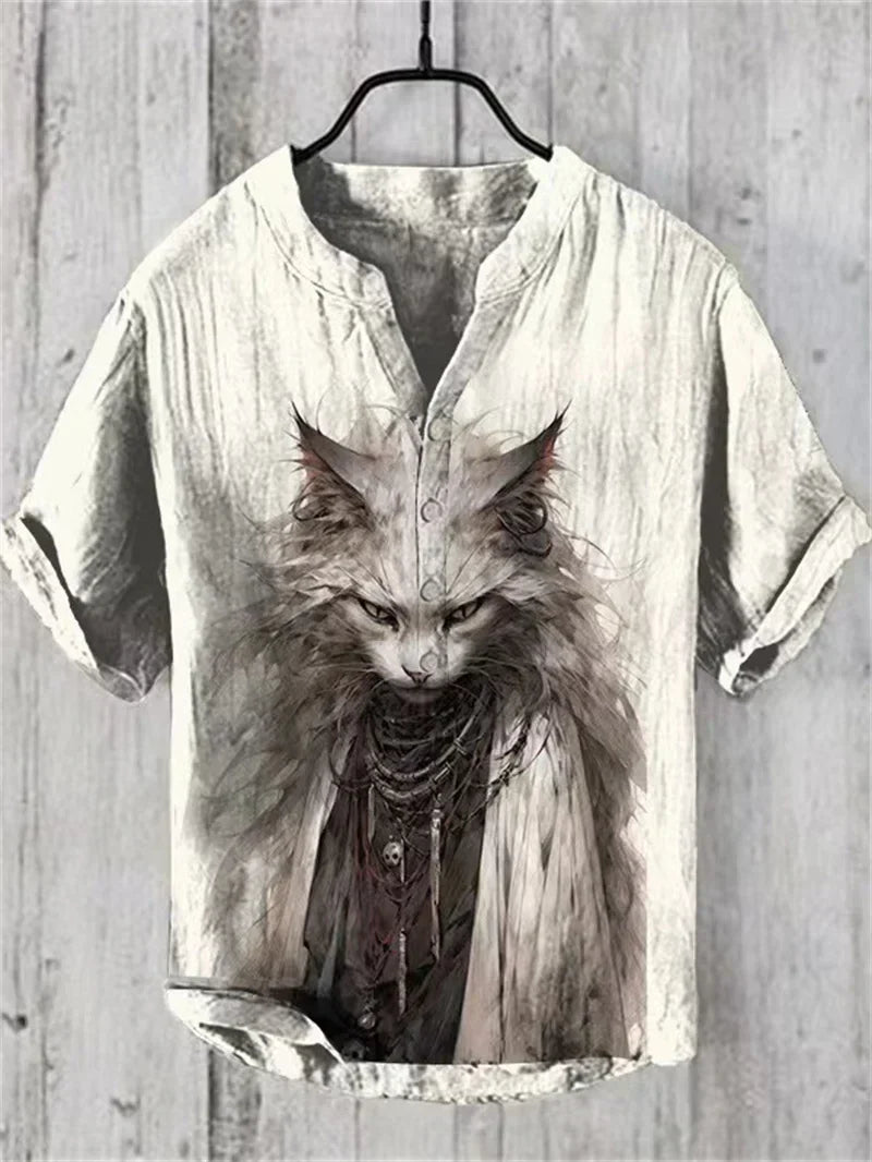 Japanese Water Monster Linen Shirt – Men's Summer Giant Kaiju Print Hawaiian-Style Short Sleeve