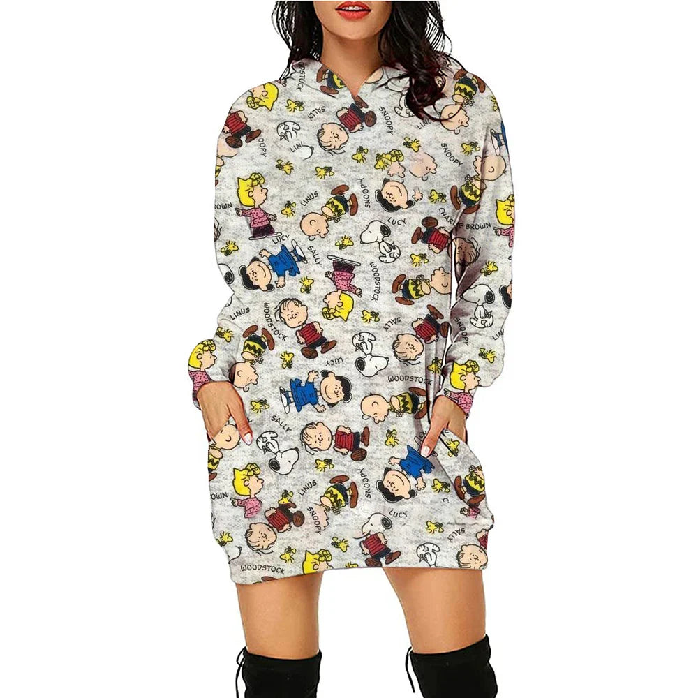 Snoopy Women’s Hoodie Dress – Y2K Streetwear 3D Cartoon Pullover Winter Fashion
