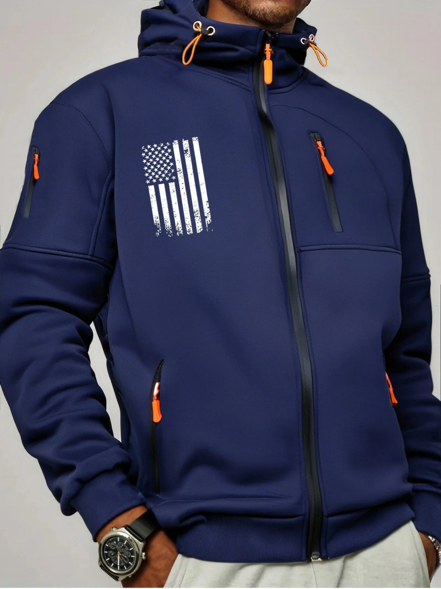 US Flag Zip Up Hoodie Men’s Casual Winter Jacket Adjustable Hood Sweatshirt