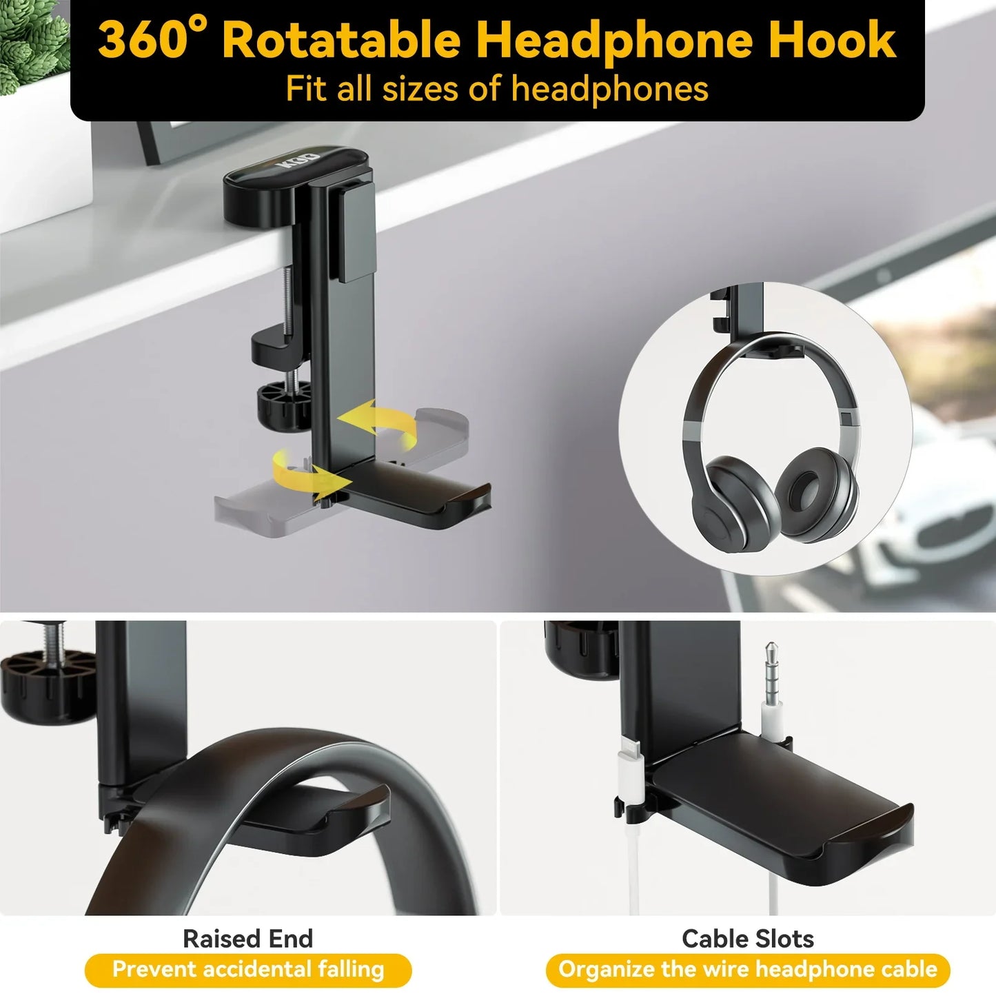 4-in-1 Desk Headphone Hanger Clamp, Rotating Storage with Cup Holder & Pen Holder – Under Desk Organizer for Gaming, Office, and Home Use