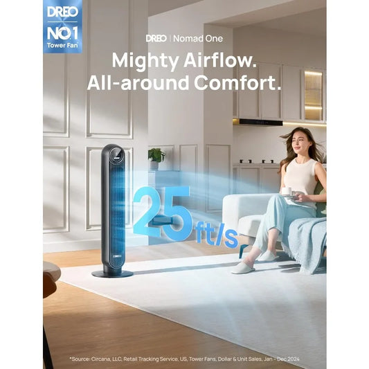 Dreo Tower Fan for Bedroom, 25ft/s Velocity 28dB Quiet Floor Fan, 90° Oscillating Fans for Indoors with 4 Speeds, 4 Modes