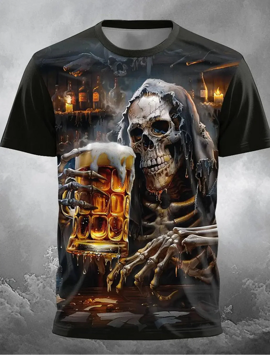 Skull Beer Festival 3D Print T-Shirt | Gothic Men’s Party Street Tee For Metalheads And Night Rebels