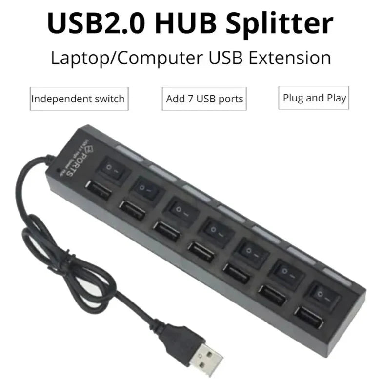 7-Port USB 2.0 Switch Extension Hub – Independent Power Switches, LED Display Lights, Plug & Play Splitter for Laptop & Desktop Devices