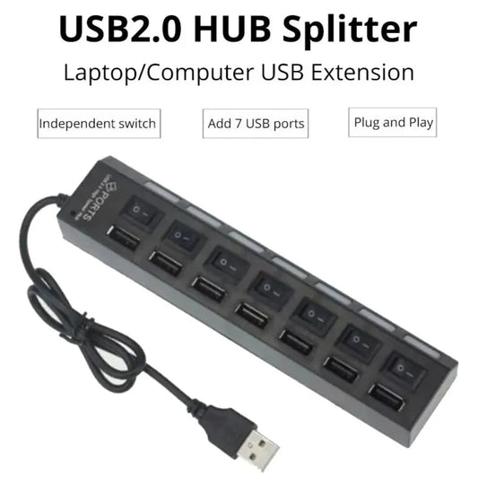7-Port USB 2.0 Switch Extension Hub – Independent Power Switches, LED Display Lights, Plug & Play Splitter for Laptop & Desktop Devices