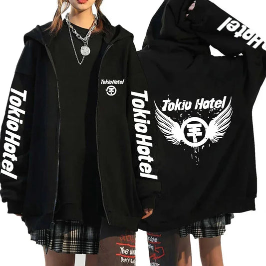 Tokio Hotel Hoodie – Unisex Harajuku Zip Up Jacket, Oversized Streetwear Sweatshirt, Fashionable Long Sleeve Zipper Hoodie for Men & Women