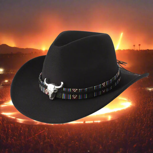 Outlaw Mirage – Cow Print Western Jazz Hat for Wild Rodeos & Neon Rodeo Raves  Product Descripti