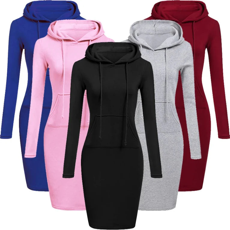 Women's Casual Hooded Sweatshirt Dress with Pockets – Long Sleeve Knee-Length Pullover
