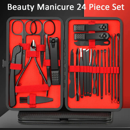 GlowClip ProCare Set – 24-in-1 Stainless Steel Nail Kit in Luxe Leather | Travel-Ready, Precision Grooming for Hands & Feet