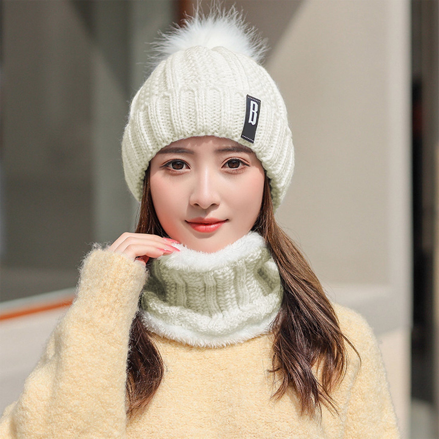 Winter Beanie Hat Scarf Set Women Warm Knitting Skull Cap