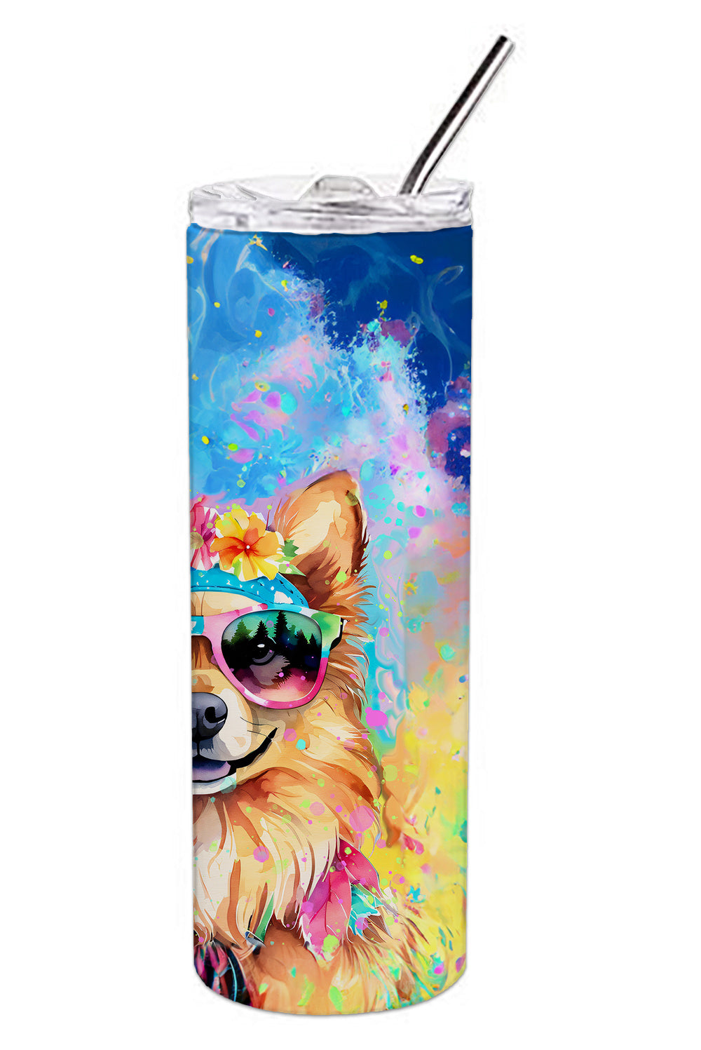 Pomeranian Hippie Dawg Stainless Steel Skinny Tumbler Vacuum Double Walled Reusable Insulated Tumbler Travel Cup for Coffee Cocktails Gift with Lid, 20 oz