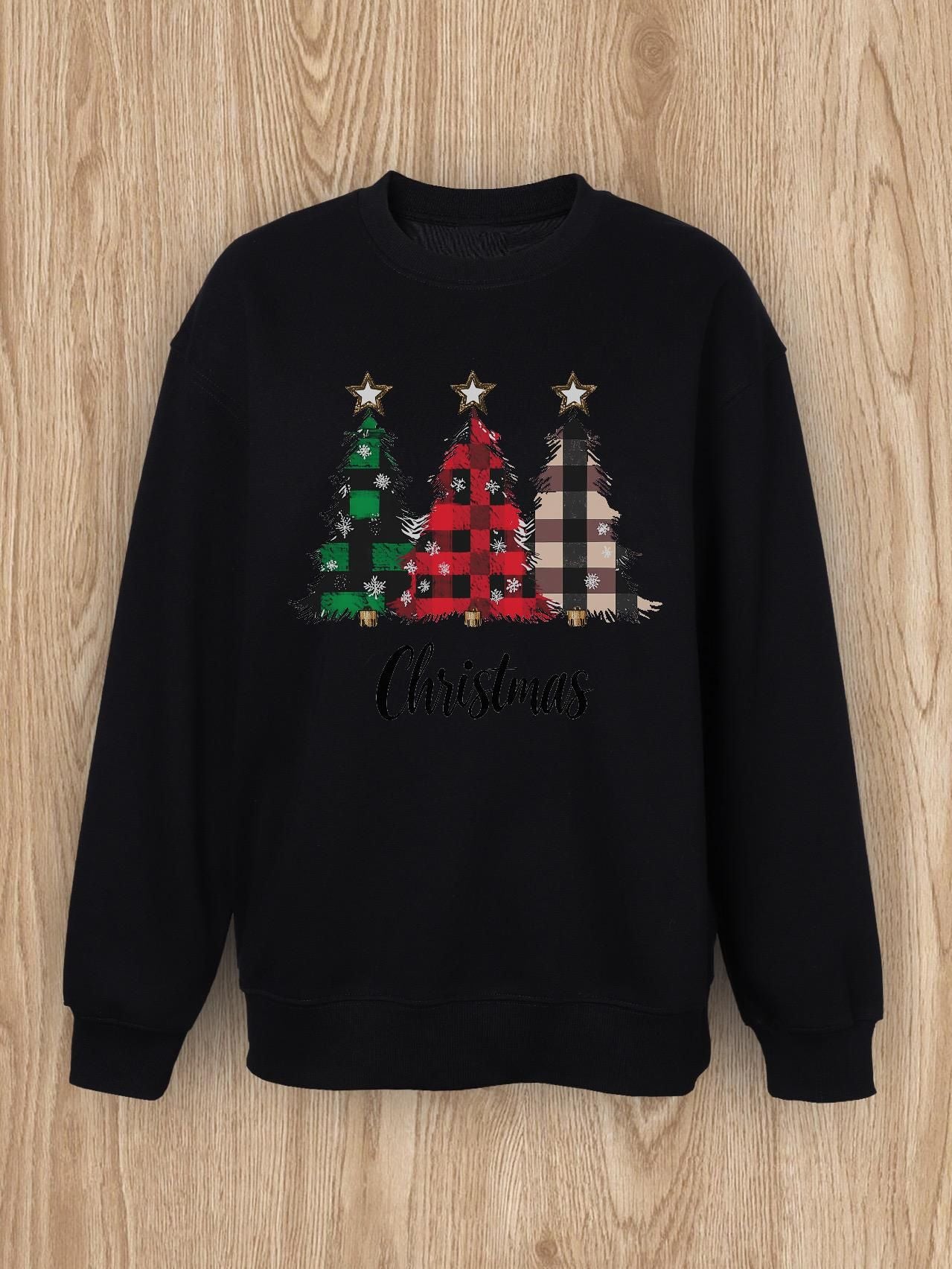 Women Basic Casual Pullover Spring Autumn Long Sleeve Plaid Christmas Tree Printed Round Neck