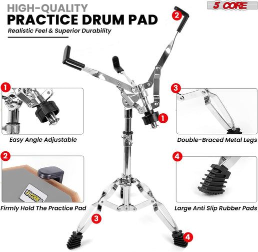 5Core Drum Throne Adjustable Guitar Stool Padded Seat + Drum Practice Pad Snare Drumming Stand - DS CH BLK + DPAD COMBO GREY