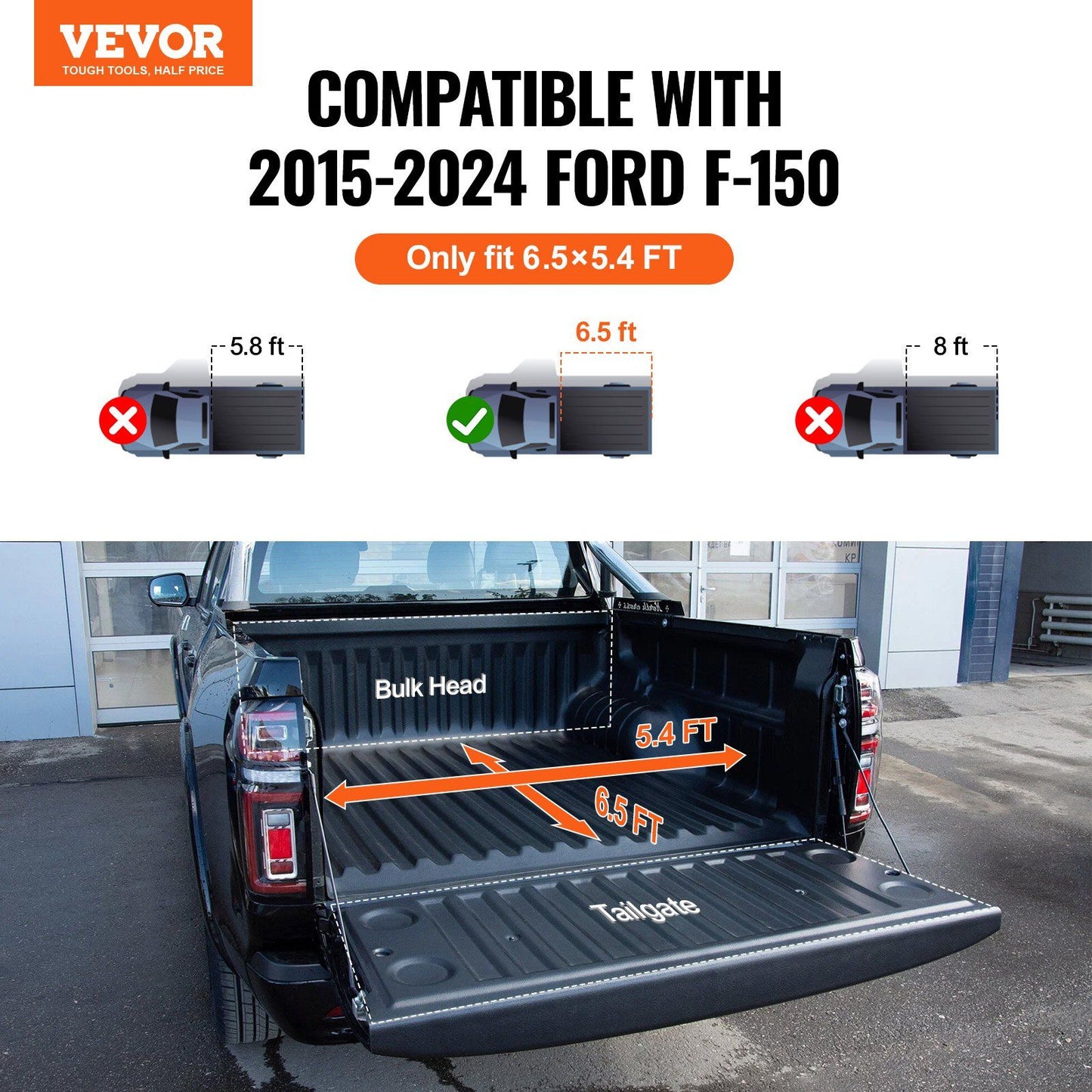 VEVOR Tri-Fold Truck Bed Tonneau Cover, Compatible with 2015-2024 Ford F-150, 6.5' (79") Bed, Only Fit 6.5' x 5.4' (79" x 65.2") Inside Bed, 400 lbs Load Capacity, LED Light, Quick Folding, Black