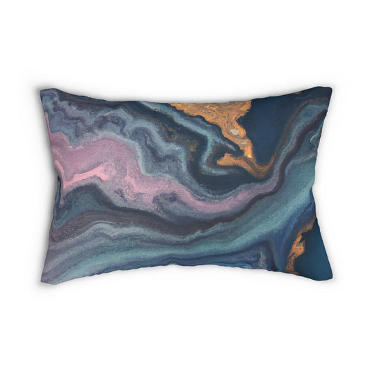 Decorative Lumbar Throw Pillow - Blue Pink Gold Abstract Marble Swirl Pattern